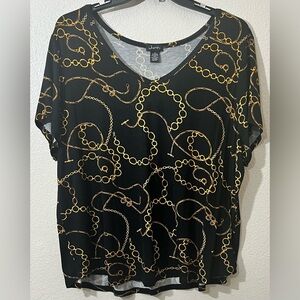 EUC Justify V-neck Black and Gold Chain-Print Blouse size 2X